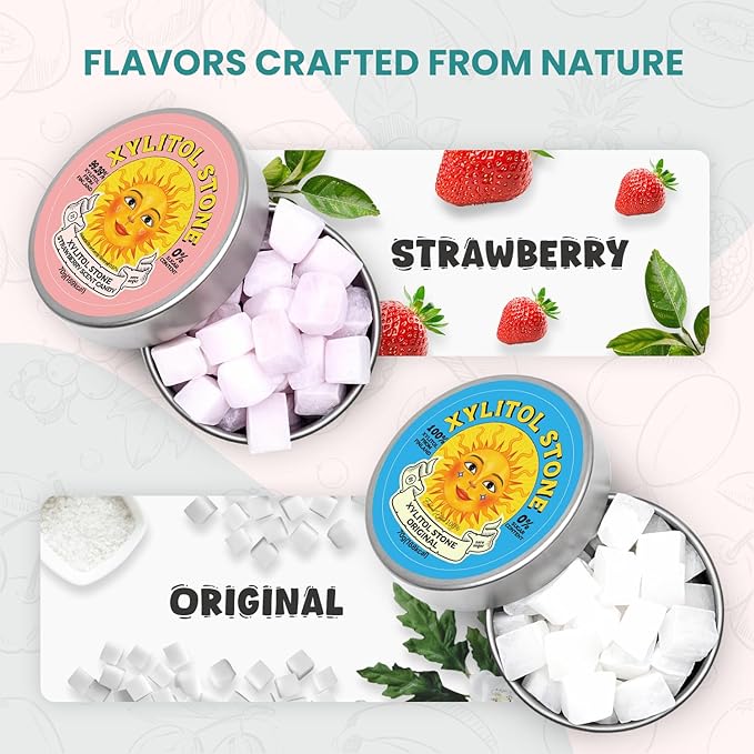 Xylitol Stone Sugar Free Candy - Vegan & Keto Friendly Unique Hard Candy - 100% Natural Flavor Candies - Gluten Free & Non-GMO Breath Freshener Low Calorie Mints - Pack of 2 (Original, Strawberry)