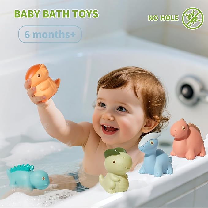 Mold Free Bath Toys, 9 Pack | Sealed, No Hole Bath Toys | Soft, Squeezable & Float on Water | Non-Toxic Easy-Grip Baby & Toddler Bath Toy Set | Baby Gift for Christmas Stocking Stuffers (Dinosaur)