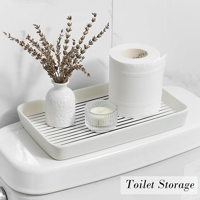 Bathroom Vanity Tray for Countertop,2PC Rectangle Striped Tray,Decorative Bathroom Organizer for Scrubber, Lotion Bottles, Perfume, Jewelry, Candle, Key Trinket Ring(Large,White)