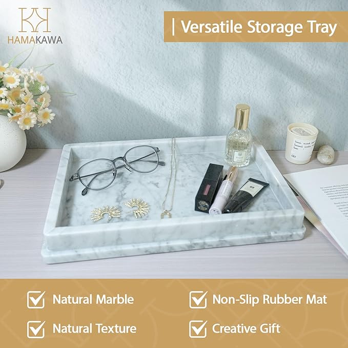 Large Natural Marble Bathroom Vanity Tray 12 inch, Carrara White Stone Jewelry Tray, Rectangle Sink Trays, Modern Tank Trays, Countertop Organizer for Soap Dispenser, Kitchen, Home Decor