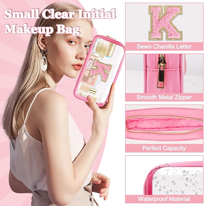 Small Clear Personalized Initial Makeup Bag,Nylon Preppy A-Z Chenille Letter Patch Cosmetic Pouch Beach Toiletry Bag,Waterproof Zipper Travel Purse Storage Bag Organizer for Women Girls(Pink-Pink K)