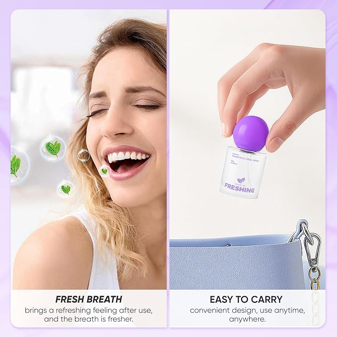 Probiotic Oral Spray, Mint & Peach Flavor Combo, Breath Spray with Prebiotics and Probiotics, Long-Lasting Freshness, Alcohol-Free, Convenient Travel-Sized, 25ml/0.85oz