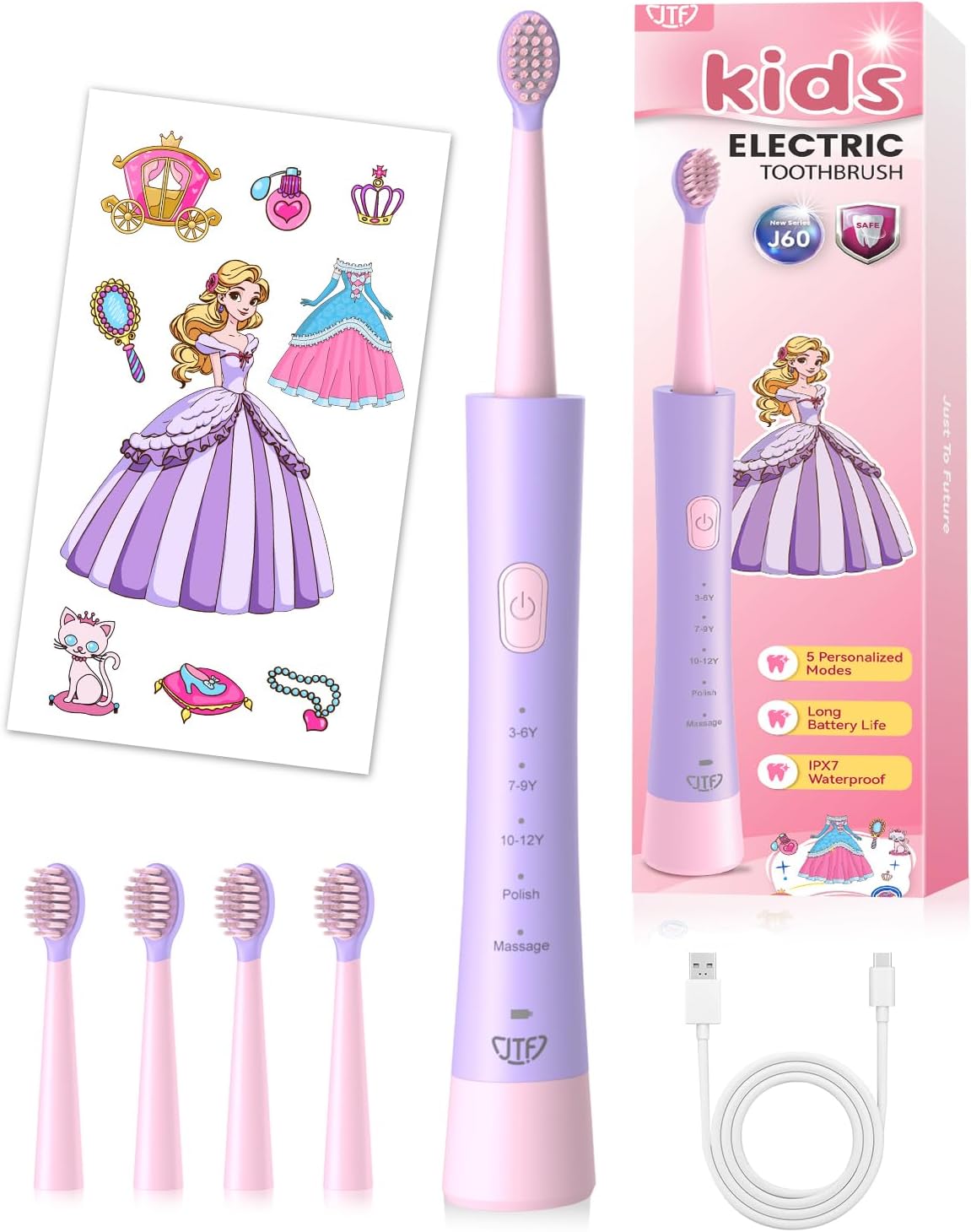 JTF Kids Electric Toothbrush Rechargeable: Sonic Tooth Brush with Smart Timer 5 Brushing Modes 4 Soft Brush Heads IPX7 Waterproof and DIY Sticker, Portable Pink Children Toothbrushes for Girl, Ages 3+