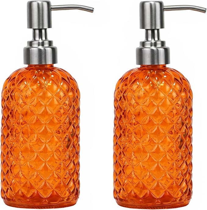 16 oz Diamond Pattern Glass Soap Dispenser, Kitchen and Bathroom Refillable Soap Dispenser with Rust Resistant Stainless Steel Pump for Hand Soap, Lotion Glass Liquid Dispenser (Orange-2pack)