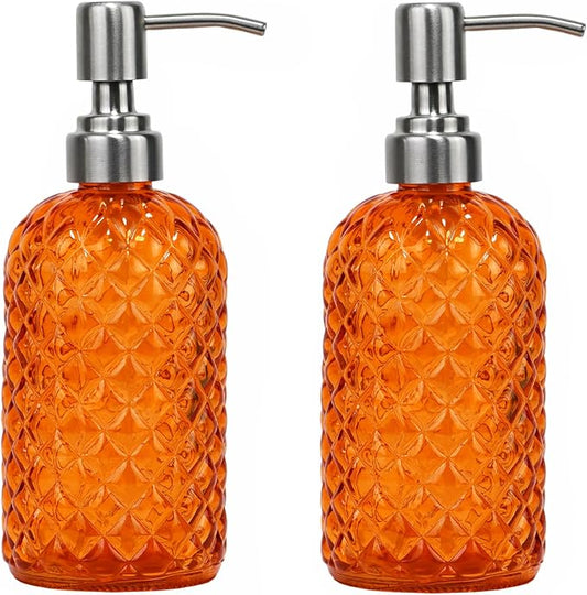 16 oz Diamond Pattern Glass Soap Dispenser, Kitchen and Bathroom Refillable Soap Dispenser with Rust Resistant Stainless Steel Pump for Hand Soap, Lotion Glass Liquid Dispenser (Orange-2pack)