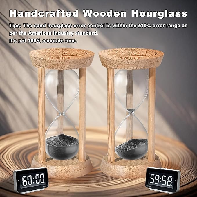 15 Minute Wooden Sand Timers, Bamboo Black Sand Hourglass for Productivity, Meditation & Decor, 15 Min Reloj De Arena for Kitchen, Office, Yoga, Game, Classroom