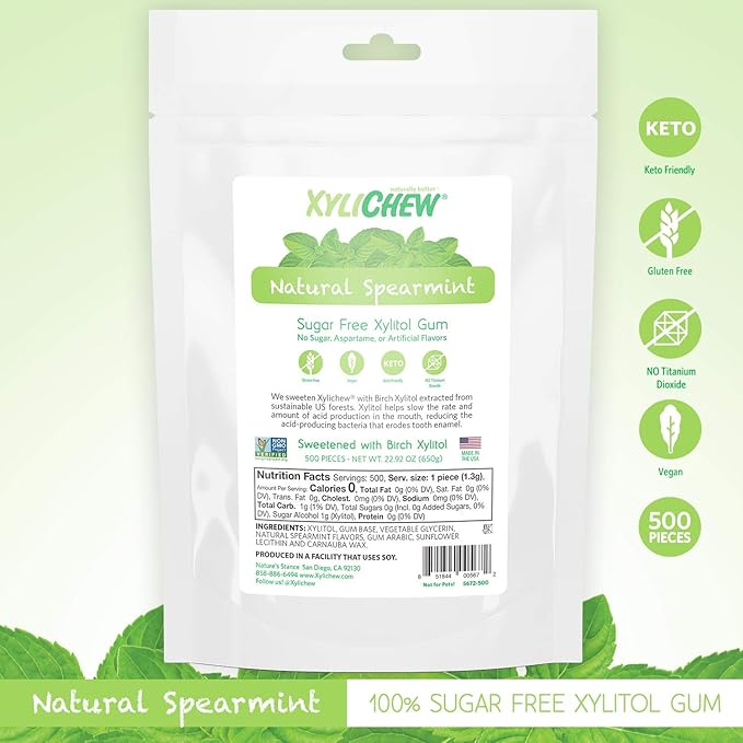 Xylichew 100% Xylitol Chewing Gum - Non GMO, Non Aspartame, Gluten Free, and Sugar Free Gum - Natural Oral Care, Relieves Bad Breath and Dry Mouth - Spearmint, 500 Count