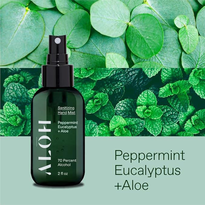 ALŌH Sanitizing Hand Mist 3-pack | Peppermint Eucalyptus + Aloe | 70% Alcohol Hydrating Hand Sanitizer Spray with Essential Oil, for Kids & Adults | 2oz Travel Size Bottle (Set of 3)