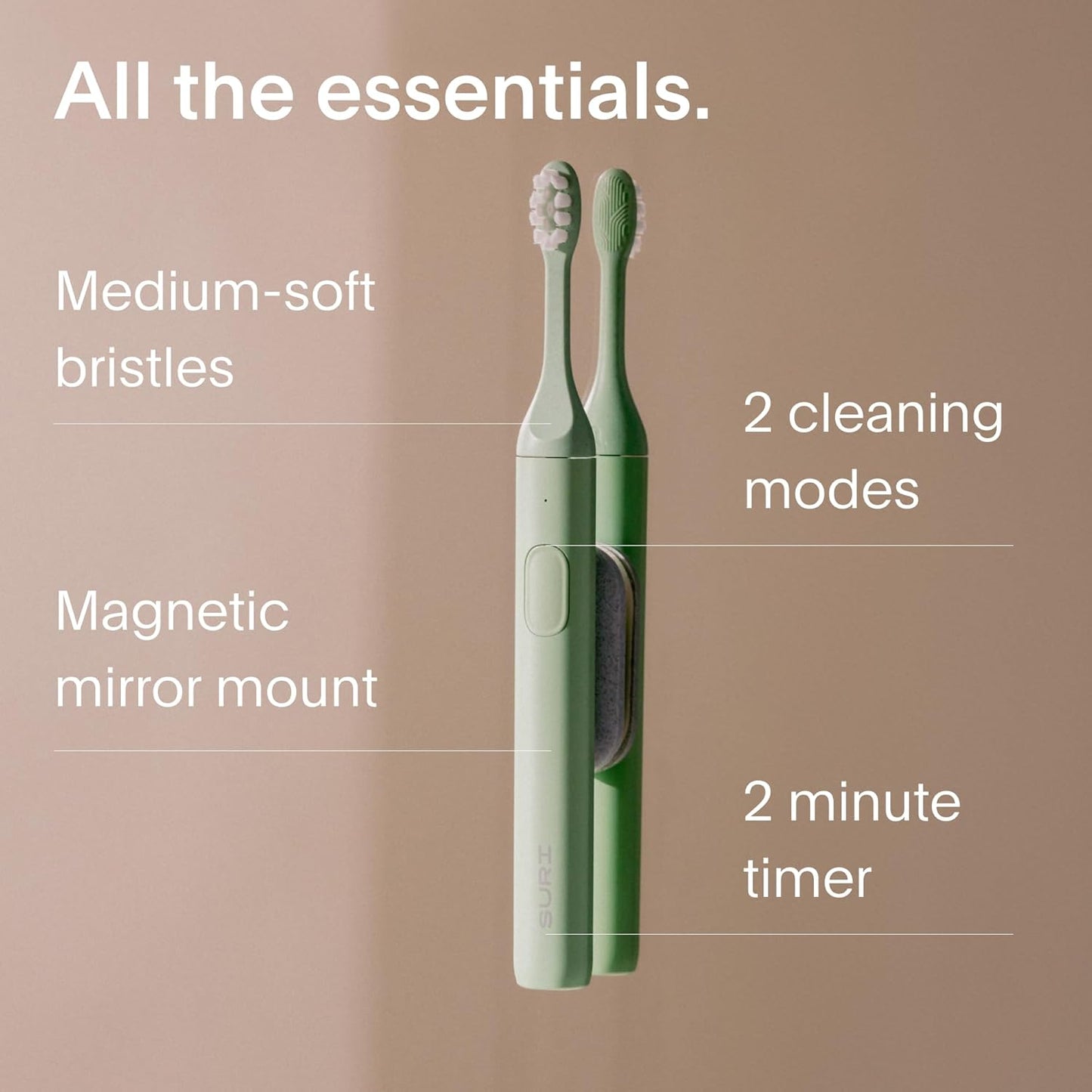 SURI 1.0 Sonic Electric Toothbrush | 1 Month+ Battery | Designed in California | Sustainable Electric Toothbrush for Adults | Travel Toothbrushes | Tooth Brush | Green