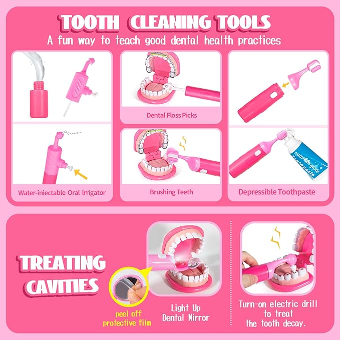 ULOVEME Pink Doctor Kit for Toddlers 3-5 with Costume - Dentist Kit for Kids with Teeth Model /Removable Teeth /Braces /Retainer - Toys for 4 Year Old Girls - Preschool Dramatic Play (Pink)