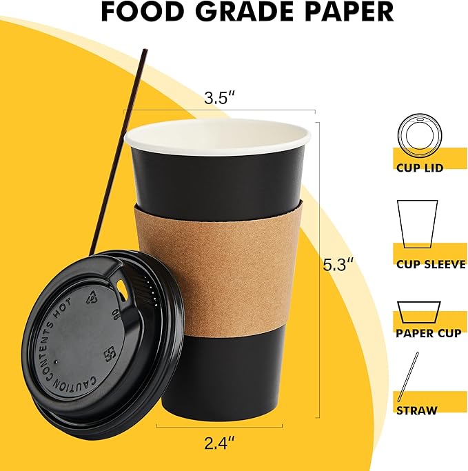 RACETOP 16 oz Paper Coffee Cups, 100 Pack Black Disposable Coffee Cups with Lids, Sleeves and Stirring Sticks, 16 oz Hot Coffee Cup for Hot Drinks, Parties, Picnic, Travel, and Events