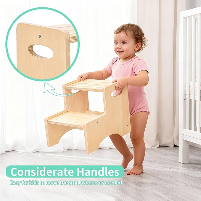 Wooden Toddler Step Stool for Kids, Two Step Stool with Non-Slip Pads & Handles, Potty Training Stool for Bathroom Sink, Toilet, Kitchen, Bedroom (Natural)