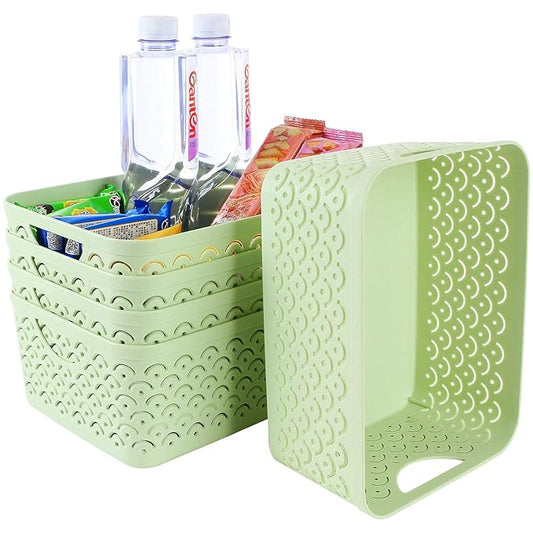 STARVAST 5 Pack Plastic Storage Baskets, Portable Green Fish Scale Pattern Hollow Desktop Storage Bin Box with Handle for Kitchen, Bathroom, Kids Room or Nursery Storage – 9.4 x 7.1 x 4.1 inches