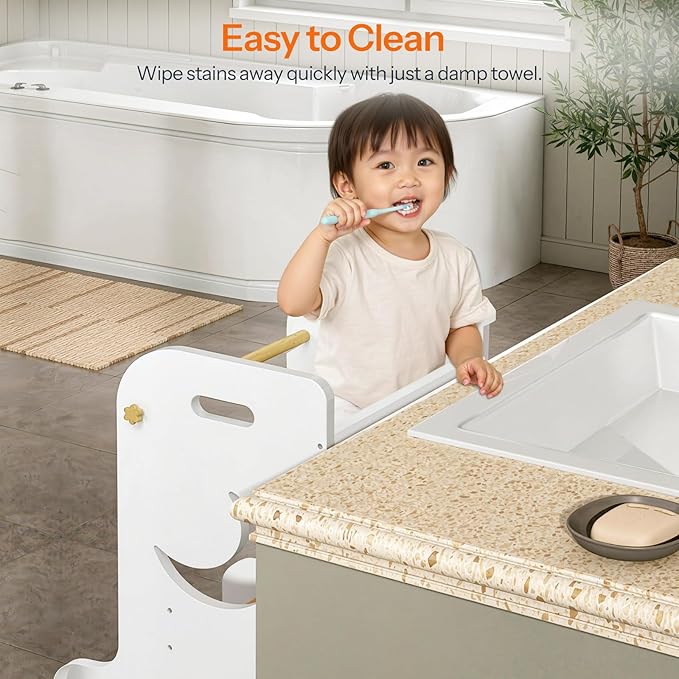 HOOBRO Toddler Standing Tower, Adjustable Height Toddler Step Stool with Back Protection, Kids Kitchen Step Stool with Safety Rails and Non-Slip Foot Pads, for Kitchen, Bathroom, White WN90JD01