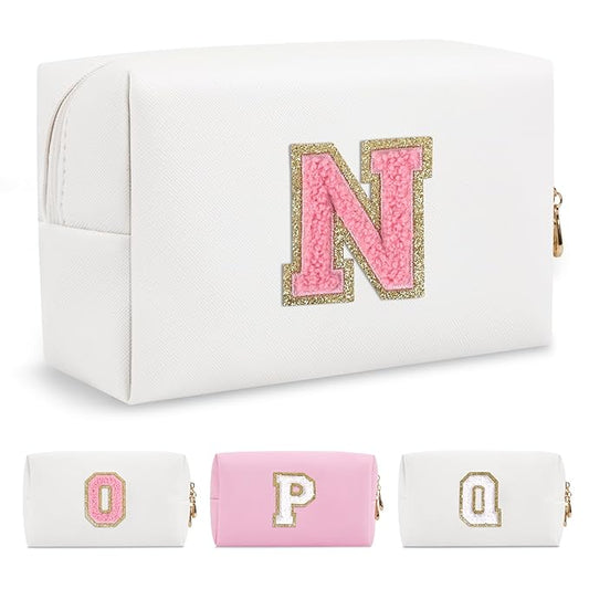 Personalized Makeup Bag Initial A-Z Preppy Patch Bag,Small PU Leather Travel Cosmetic Bag Pouch with Zipper,White Cute Toiletry Bag,Gift Ideal for Teen Girls Women Birthday Friend Mom,Letter N