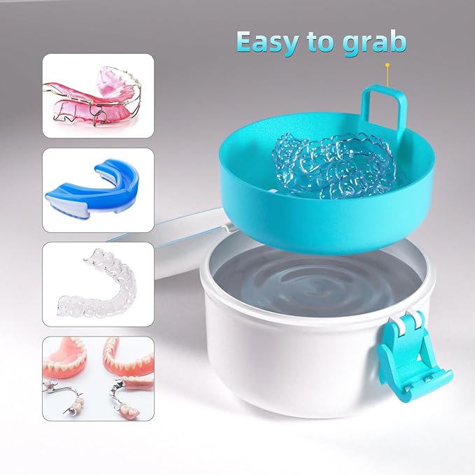 ARGOMAX Leak Proof Retainer Cleaner Case, Denture Cups for Soaking Dentures, Denture Travel Case (White+Blue).