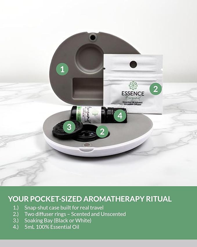 Essence Pearl Travel Case - Wearable Aromatherapy Kit with Nasal Diffuser Rings, Soaking Bay, and 5mL Essential Oil – Portable Wellness Gift Set for On?The?Go Self Care