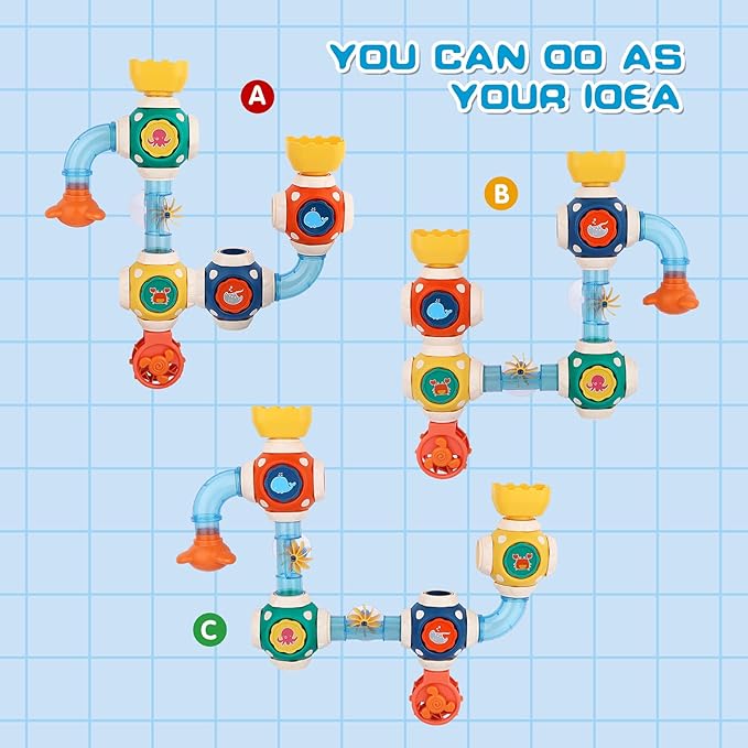 Bath Toys, STEM Baby Bathtub Toy with DIY Pipe Tubes, Cubes,Spoon, Lovely Cute Bathroom Time Spray Waterfall Shower Toy, Suitable for Toddlers Boys Girls 3 Years and up