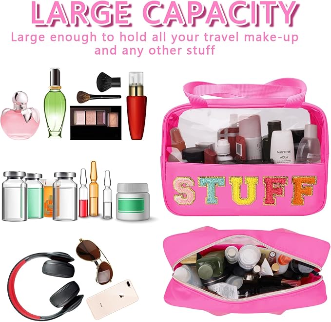 Chenille Letter Patch Stuff Bag, Preppy Clear Makeup Cosmetic Bag Large Toiletry Storage Tote Bag with Handle, Transparent Nylon Waterproof Organizer Zipper Pouch for Travel Women Girls(Rosered)