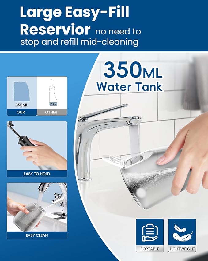 Cordless Water Dental Flosser with 4 U-Shaped Jet – Travel-Friendly, 350ML Larger Tank, 4 Modes & 4 Speeds, 360° Nozzle, Powerful Battery, Cleans Inner/Outer Teeth in One Pass