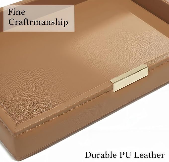 Vanity Organizer Tray for Bathroom Bedroom Dresser, Leather Valet Tray for Nightstand, Decorative Tray for Watch Jewelry Perfume Phone Storage (Brown)