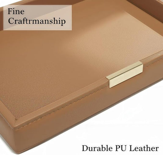 Vanity Organizer Tray for Bathroom Bedroom Dresser, Leather Valet Tray for Nightstand, Decorative Tray for Watch Jewelry Perfume Phone Storage (Brown)