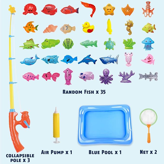 CozyBomB™ Magnetic Fishing Toys Game Set for Kids | Water Table Bathtub Kiddie Pool Party Pole Rod Net, Outdoor Plastic Floating Fish, Toddler Bath Color Ocean Sea Animals Birthday Gift Age 3-5 6 4-8