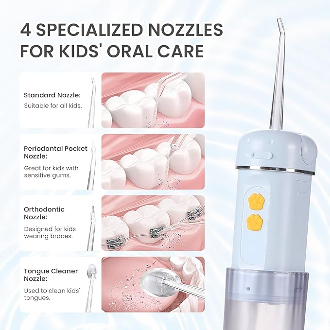 Kids Water Dental Flosser, Portable Water Flosser for Teeth 150ML Rechargeable Oral Irrigator with 3 Modes & 4 Nozzles, IPX5 Waterproof for Home and Travel