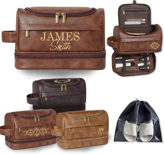 Personalized Toiletry Bag For Men, Large Capacity Travel Doop Kit, Vintage Color PU Leather, Custom Name Initials, Gifts for Dad, Husband, Boyfriend, Groomsmen, Birthday (Style 3)
