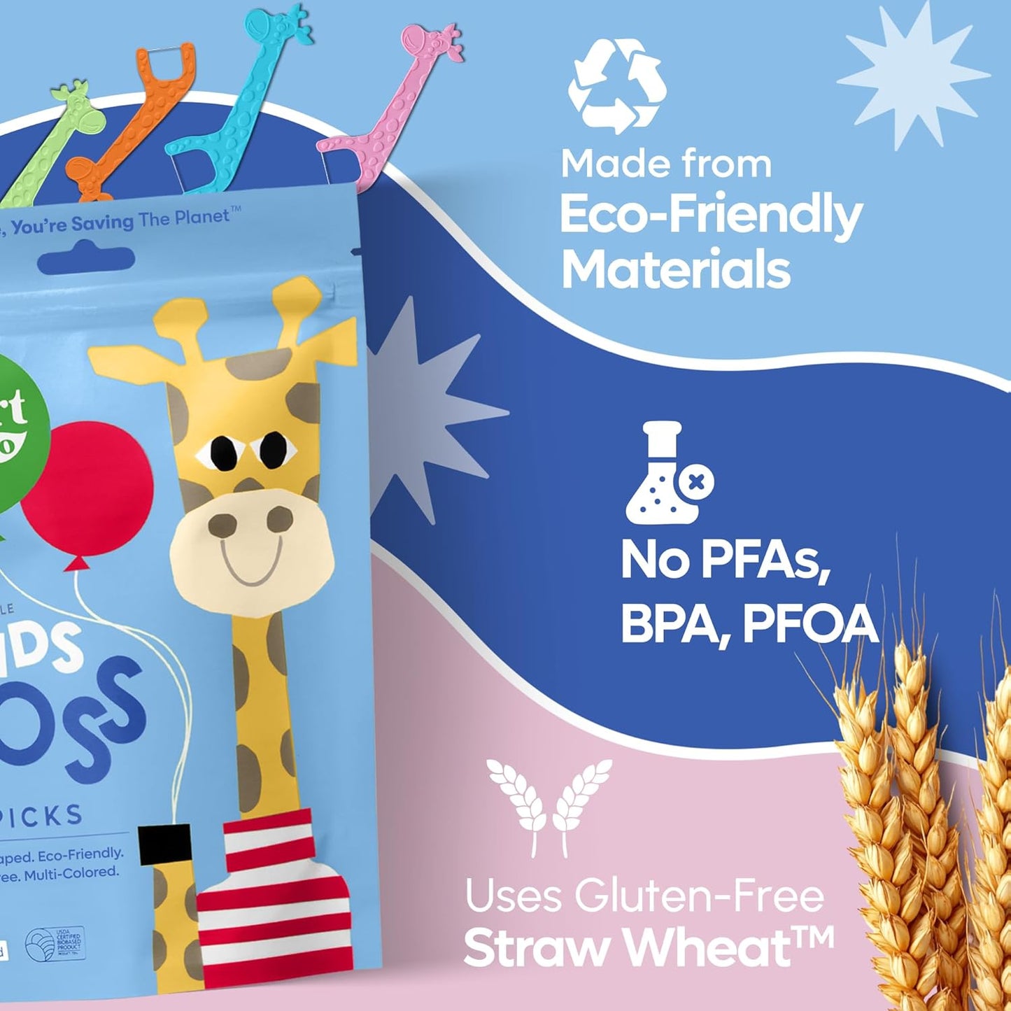 SmartLifeco Eco-Friendly Kids Flossers (100ct) - The Original Straw Wheat Dental Floss Picks For Children, Fluoride & PFA Free, Toothpick Flossing Sticks For Toddler Teeth, No Shred Thread, Unflavored