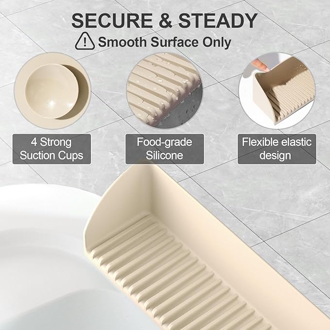 Roslim Splash Guard for Bathtub & Sink - Silicone Kids Bath Splash Guard Shelf, Bath Toy Tray Holder, Tub Water Splash Guard with 4 Suction Cups, Bathroom Accessories for Baby Bath, 1Pack, Beige