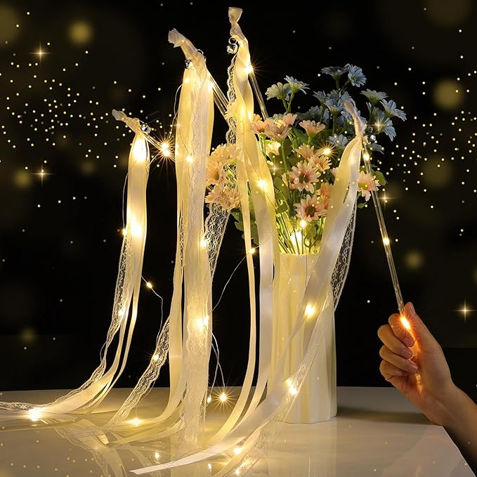 25 Pcs Wedding Wands Ribbon Streamers with 3 Colorful Flashing Modes, Light up LED Silk Fairy Wands, Glow Lace Stick with Bells for Wedding Reception, Graduation, New Year, Birthday Party (Warm White)