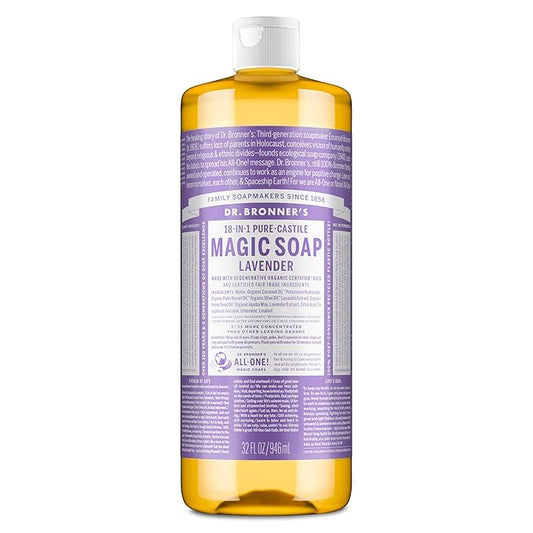 Dr. Bronner’s Pure-Castile Magic Liquid Soap - Made with Regenerative Organic Certified Oils - 18-in-1 Uses for Face, Body, Hand, Hair- Gentle on Sensitive Skin - All Natural Body Wash- Lavender, 32oz