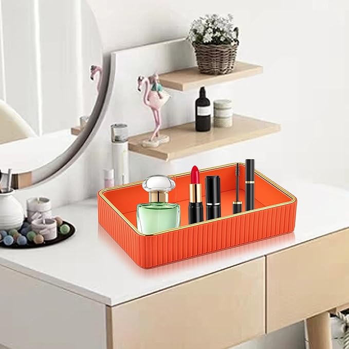 PU Leather Valet Tray,Desk Organizer Tray Nightstand Organizer Trinket Dish Storage Key Bowl Decorative Trays for Phone Wallet Jewelry Watch Bathroom Bedroom Perfume Vanity Trays,Orange