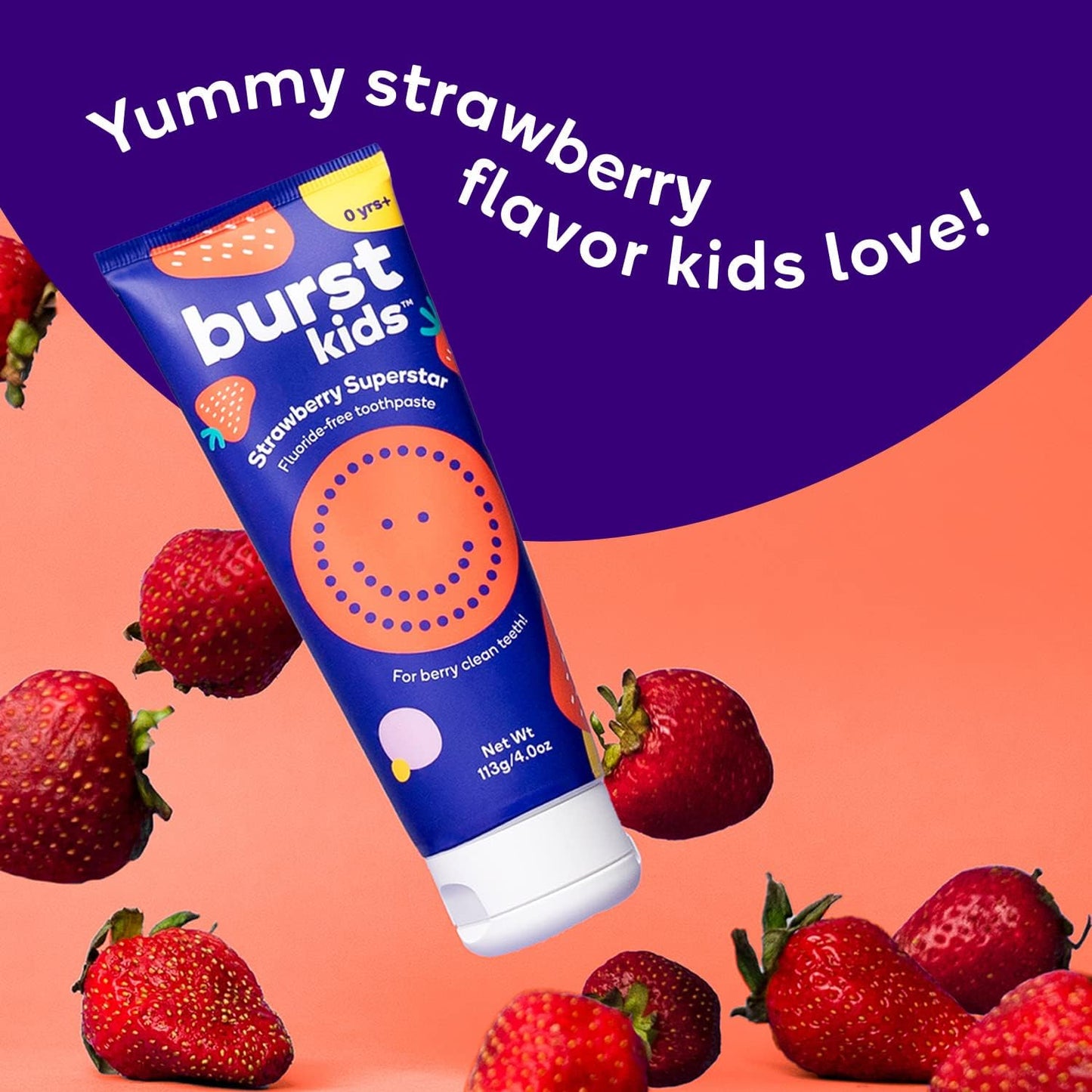 BURST Fluoride Free Strawberry Kids Toothpaste (4oz/2 Pack) | Great Tasting, Dye Free for Baby & Toddler Age 0+ | with Nano Hydroxyapatite