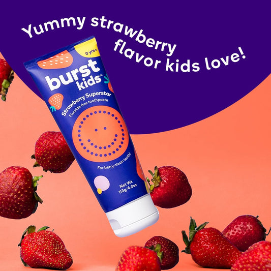 BURST Fluoride Free Strawberry Kids Toothpaste (4oz/2 Pack) | Great Tasting, Dye Free for Baby & Toddler Age 0+ | with Nano Hydroxyapatite