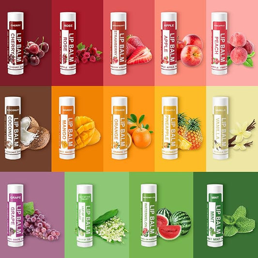 Yopela 56 Pack Natural Lip Balm in Bulk with Vitamin E and Coconut Oil - Moisturizing, Soothing, and Repairing Dry and Chapped Lips - 14 Flavors - Non-GMO Valentine's Gift