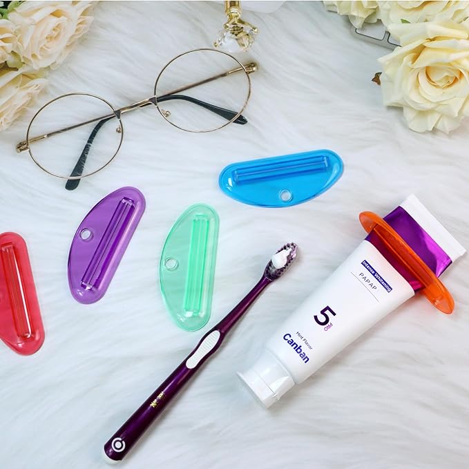 5Pcs Plastic Tooth Paste Tube Squeezer Dispenser, Hanging Roller Tube Squeezer Holder for Saving Toothpaste Creams, Facial Cleanser and Paint, Kid-Friendly Bathroom Accessory (Transparent)