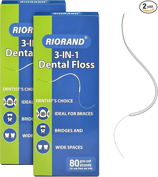RioRand Dental Floss for Braces, Bridges, and Implants, PTFE & PFAS Free Floss, 80 Pre-Cut Strands(Pack of 2)