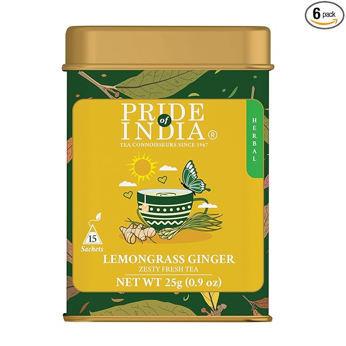 Pride of India | PACK of 6 - Lemongrass Ginger Zesty Fresh Tea | 15 Pyramid Full Leaf Individually Wrapped Tea Bags | 100% Herbal Blend from Single Origin | Tangy & Spicy Flavor | Caffeine-Free