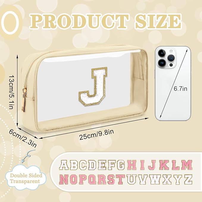 Small Clear Personalized Initial Makeup Bag,Nylon Preppy A-Z Chenille Letter Patch Cosmetic Pouch Beach Toiletry Bag,Waterproof Zipper Travel Purse Storage Bag Organizer for Women Girls(Beige-White J)