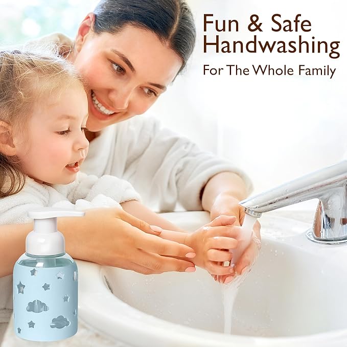 SoCal Suds & Company Glass Foaming Hand Soap Dispenser, Soft Grip Silicone Sleeve, Refillable Pump Bottle for Kids, Baby Wash & Shampoo, Ideal for Home Use, Light Blue 8oz