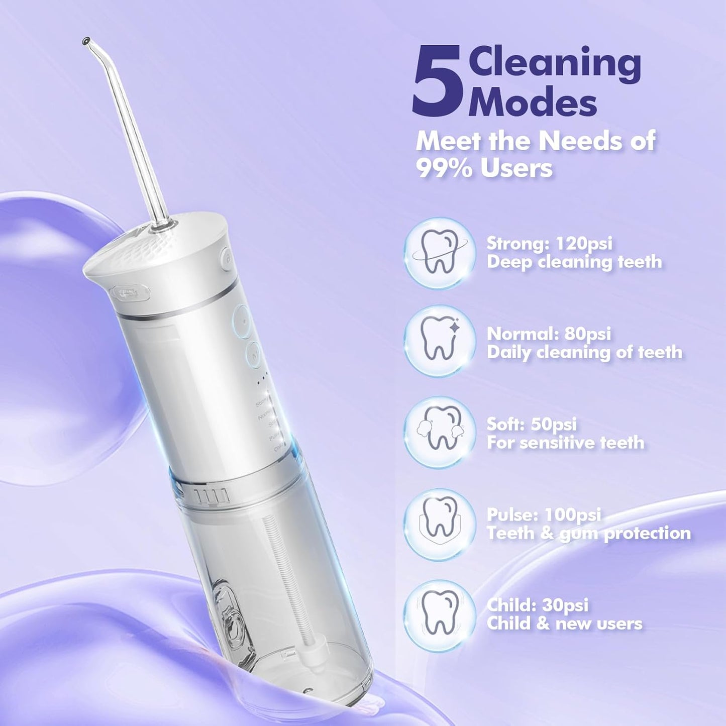 Water Flosser Mini Cordless Portable: 5 Modes Water Dental Floss with Telescopic Water Tank, 6 Tips, IPX7 Waterproof Oral Irrigator for Teeth Cleaning Gums,Orthodontic,Braces Dental Care (White)