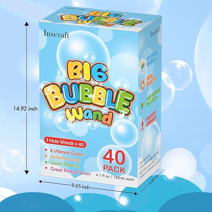 Inscraft 40 Pack 14’’ Big Bubble Wands, 8 Colors Bubbles Bulk for Summer Toy, Outdoor / Indoor Activity Use, Easter, Birthday, Graduation, Shower, Bubbles Party Favors Supplies for Kids Toddlers
