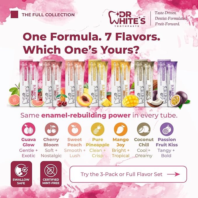 Dr. White’s Fluoride-Free nHA Toothpaste 2-Pack; Dentist-Formulated, Nano Hydroxyapatite + Xylitol, Sensitivity Relief Complex™, Mint-Free, Enamel Safe, Swallow-Safe (3.5 Oz, Guava Glow)