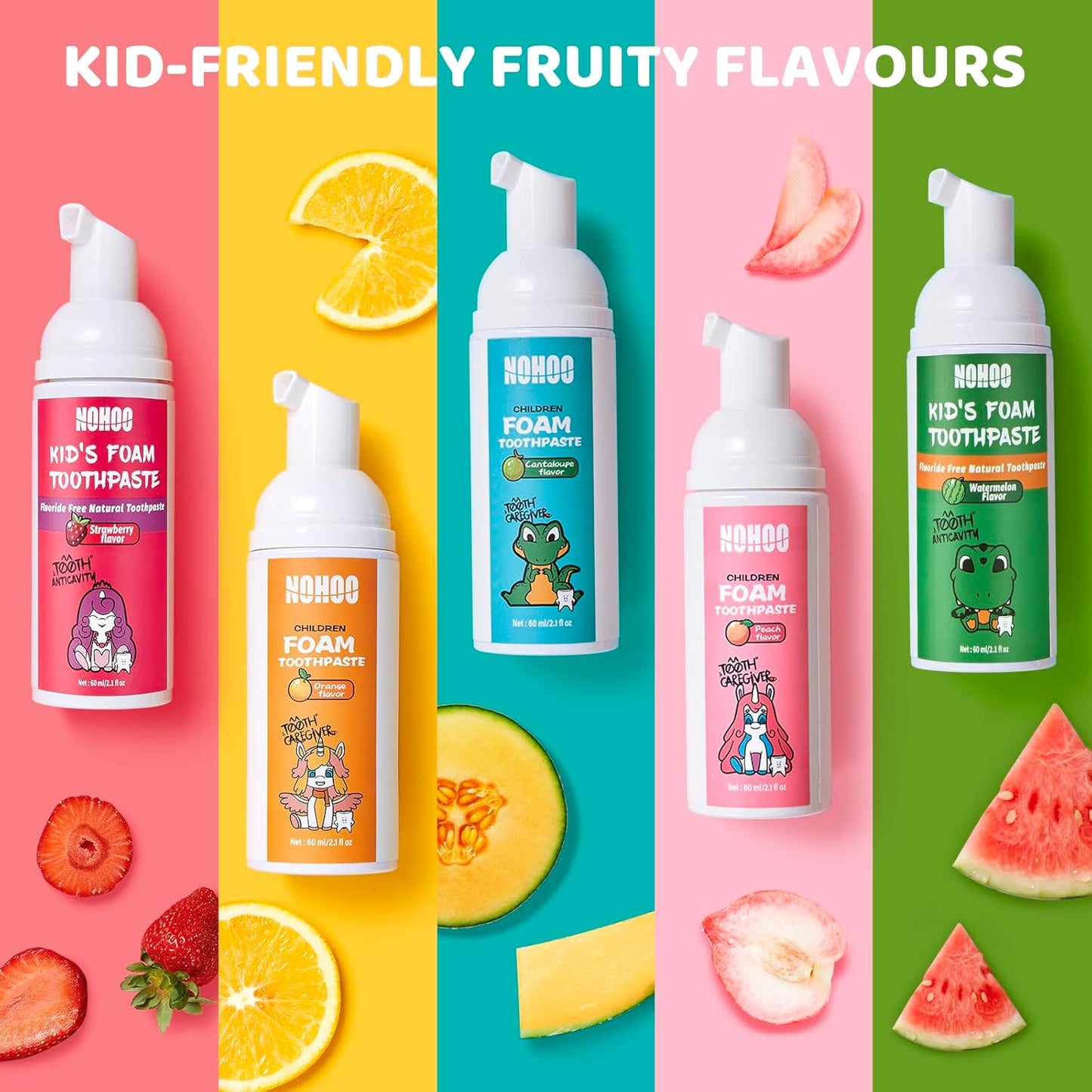NOHOO Fluoride Free Foam Toothpaste Kids Fruit Flavour,Natural Training Toothpaste for Baby Toddler Children Oral Cleaning and Cavity Protection(Strawberry + Watermelon)