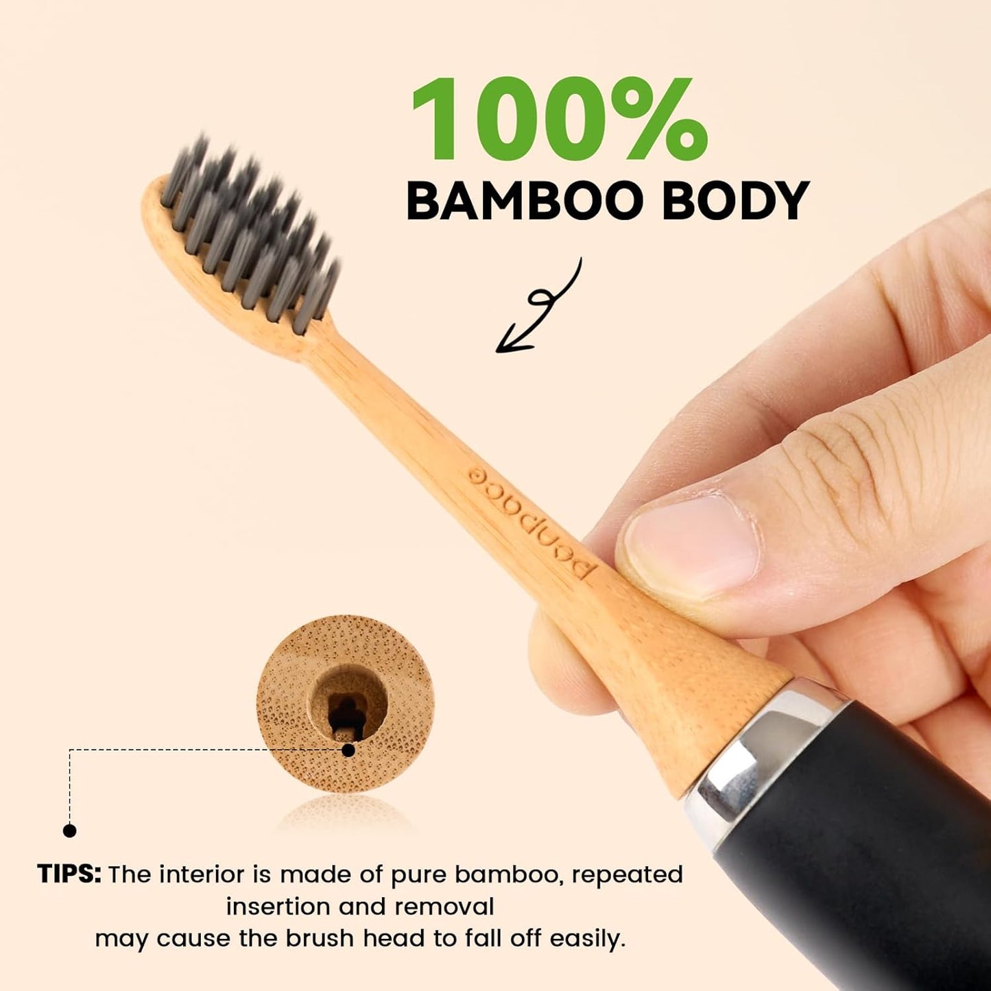 Bamboo Toothbrush Heads Compatible with Philips Sonicare, Soft Charcoal Infused Bristles, Whitening & Deep Cleaning