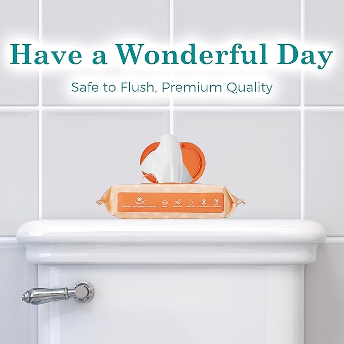 WONDERFUL Flushable Butt Wipes, Lemon Citrus 100% Plant-Based Wet Wipes for Adults & Kids; Sewer, Septic Safe; Gentle for Sensitive Skin, Wipes Flushable Pack for Bathroom & Travel, 3-Pack (180 Wipes)