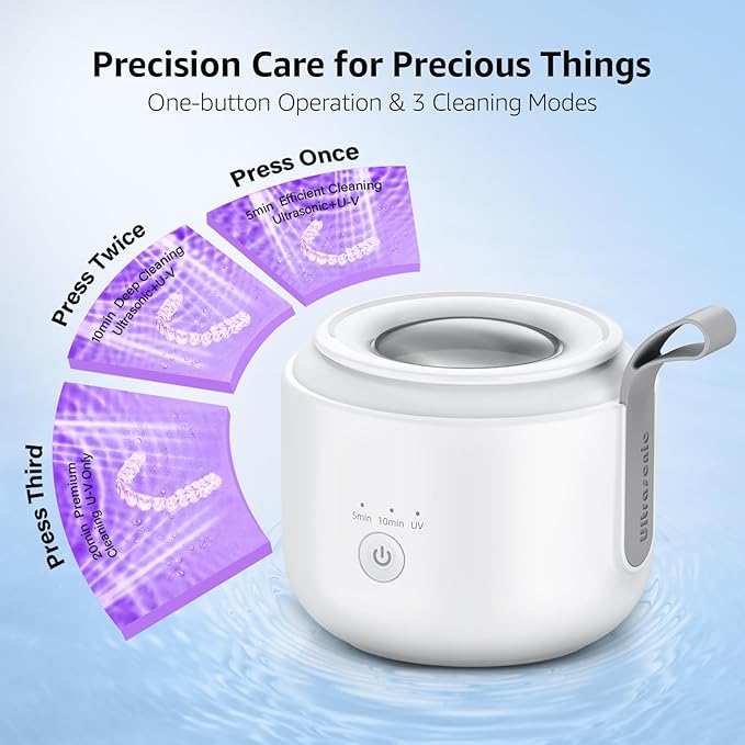 Ultrasonic Retainer Cleaner Machine: 48kHz Rechargeable Cordless Denture Cleaner - Waterproof Ultrasonic Jewelry Cleaner - 200ML Dental Cleaning Pod for Mouth Guard, Aligner, White