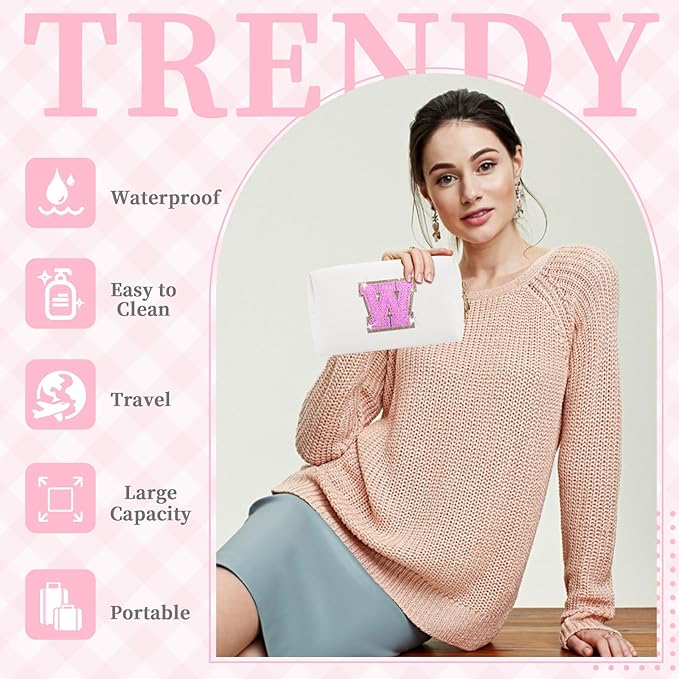 Small Initial Patch Makeup Bag Personalized Gifts Make Up Bag,White Cute PU Leather Glitter Letter Cosmetic Bag with Zipper,Trendy Portable Travel Toiletry Pouch,Preppy Stuff for Teen Girls Women W